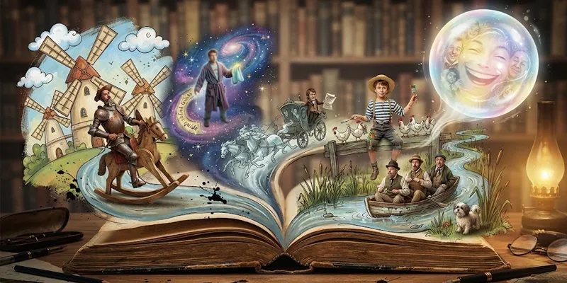 5 Komedi Klasiği Kitap / Gülümseten mizah romanları ve komedi klasikleriyle dolu renkli kitap rafları.