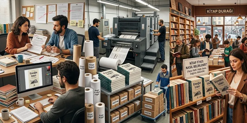 Kâğıt, baskı ve telif giderlerini temsil eden kitap, kâğıt örnekleri ve matbaa malzemeleri