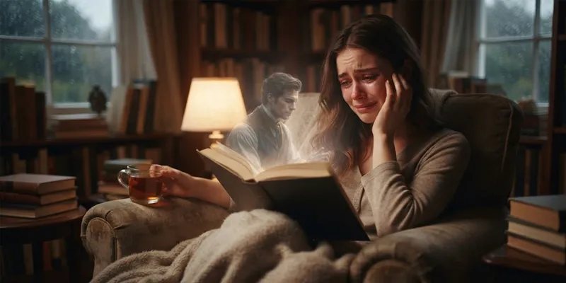 Açık bir romanın sayfalarındaki karakteri hayal eden kitap okuru